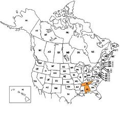 The map shown is that of North America and two states are highlighted in orange to represent where Inflectarius smithi can be found: Tennessee and Alabama. Permission from Encyclopedia of Life <http://eol.org/data_objects/14883828>